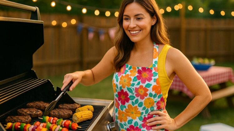 Woman grilling over BBQ