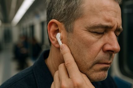 Man on train with earbuds