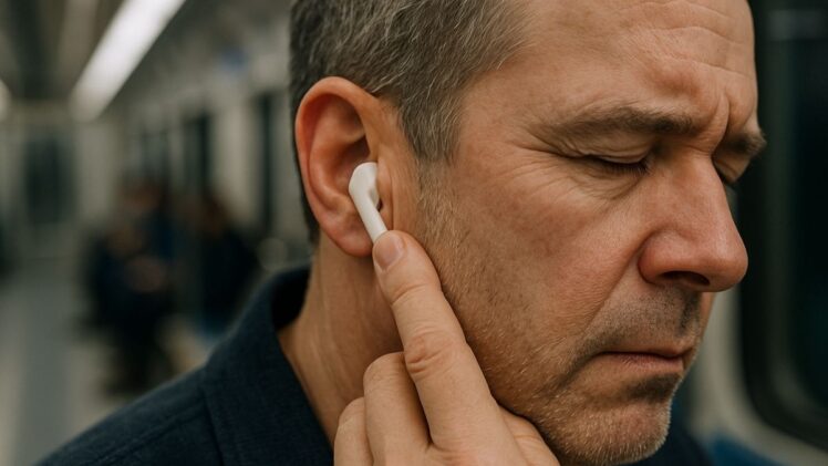 Man on train with earbuds