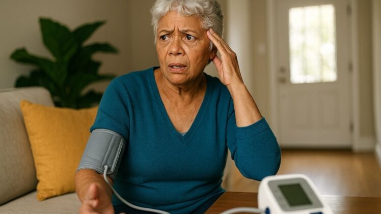 Woman checking blood pressure at home