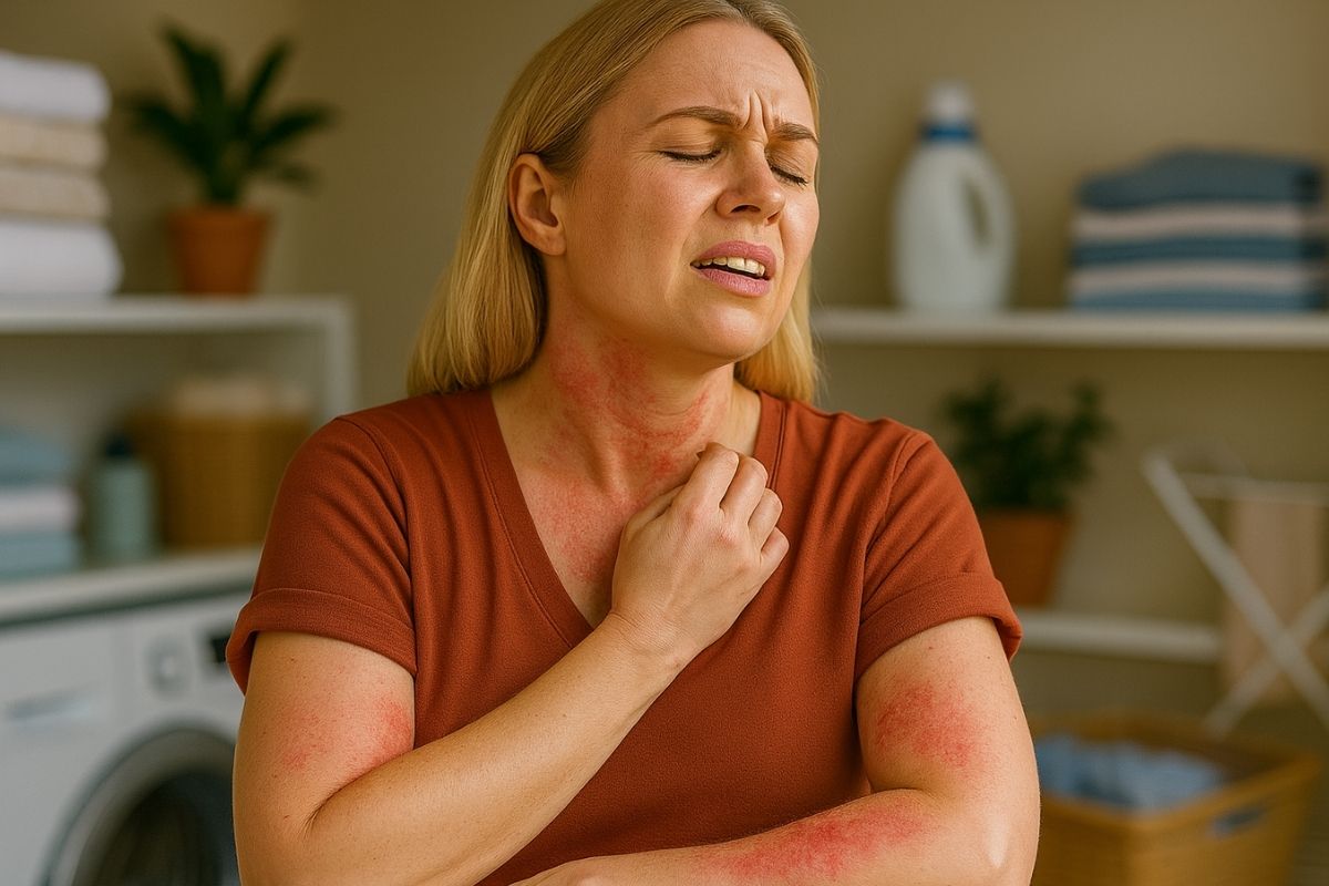 Woman with rash in laundry room