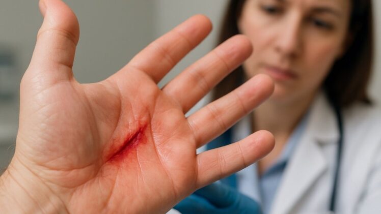 Doctor looking at cut on hand