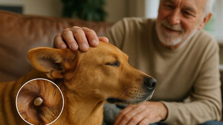 Dog with tick being stroked by person