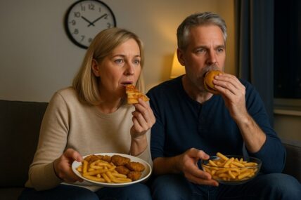 Married couple eating junk food late at night