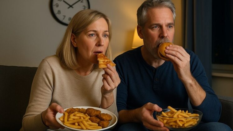 Married couple eating junk food late at night