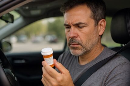 Man reading medication in car
