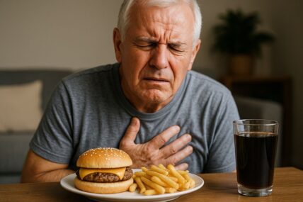 Man clenching chest with foods full of trans fats in front of him
