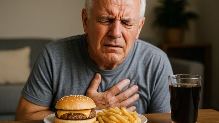 Man clenching chest with foods full of trans fats in front of him