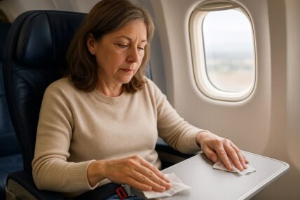 Woman cleaning tray with wipes