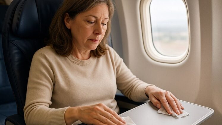 Woman cleaning tray with wipes
