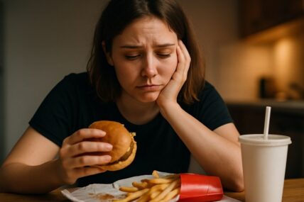 Woman eating fast food depressed
