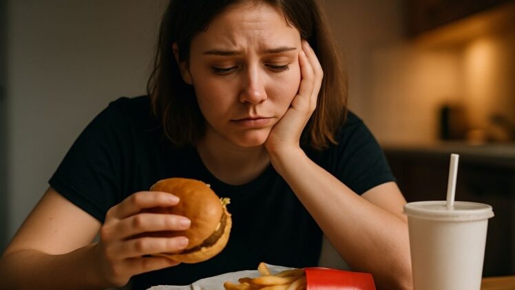 Woman eating fast food depressed