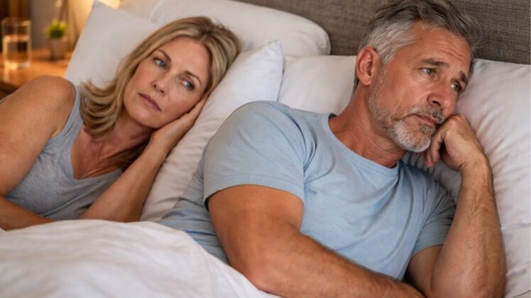 Couple in bed looking stressed