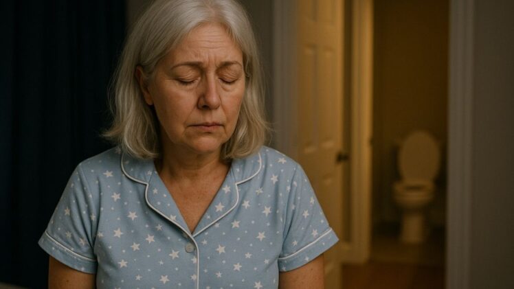 Sleepy woman coming back from nighttime bathroom visit