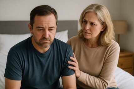 Woman comforting a man in the bedroom