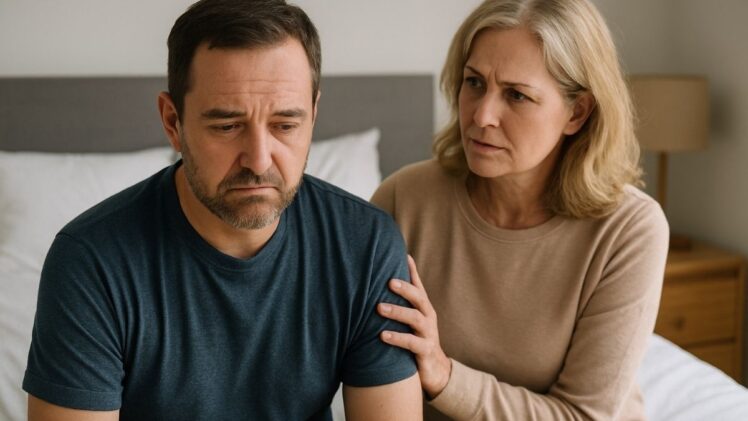 Woman comforting a man in the bedroom