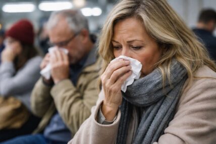 Woman with flu in busy environment