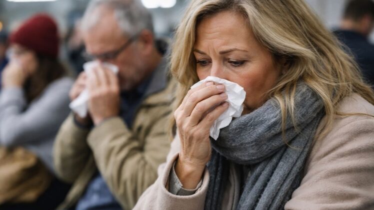 Woman with flu in busy environment