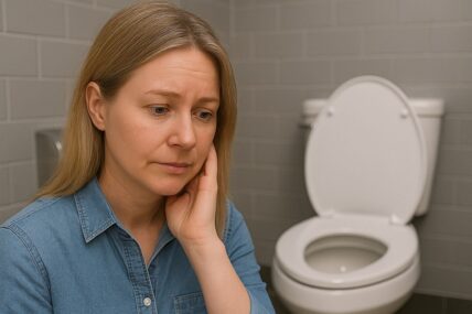 Woman worried about public toilet.