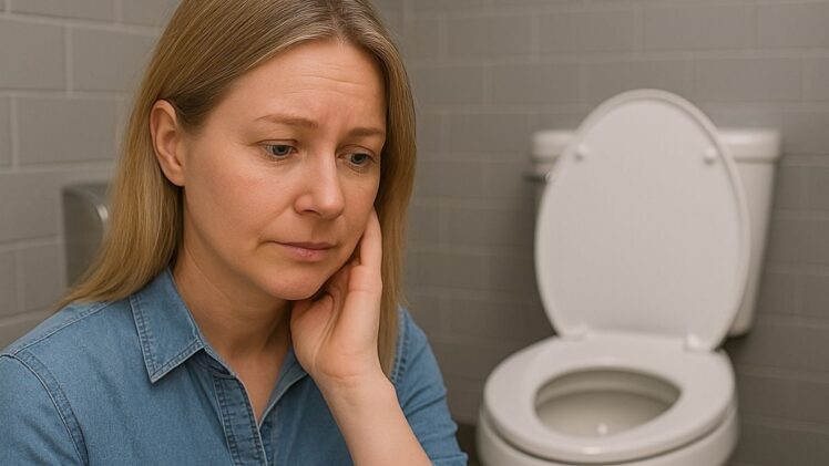 Woman worried about public toilet.