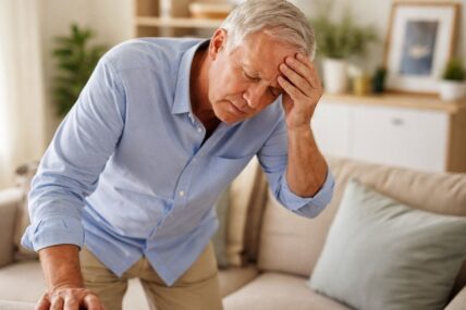 Man holding head and leaning on surface