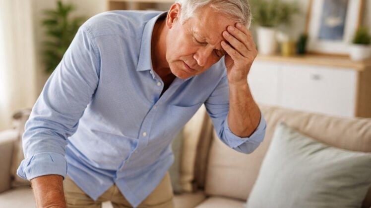 Man holding head and leaning on surface