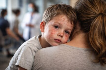 Child with measles being carried by mom