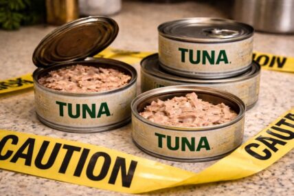 Cans of tuna, some open, with caution tape around them.