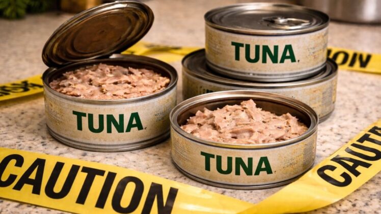 Cans of tuna, some open, with caution tape around them.