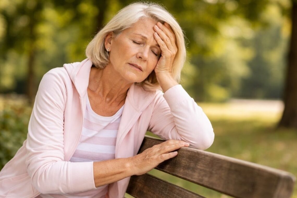 Woman holding head while sitting on bench.