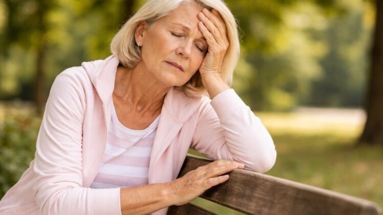 Woman holding head while sitting on bench.