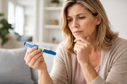 Woman looking at weight loss injection.