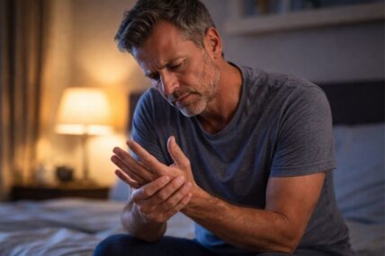 Man rubbing hand sitting on a bed.
