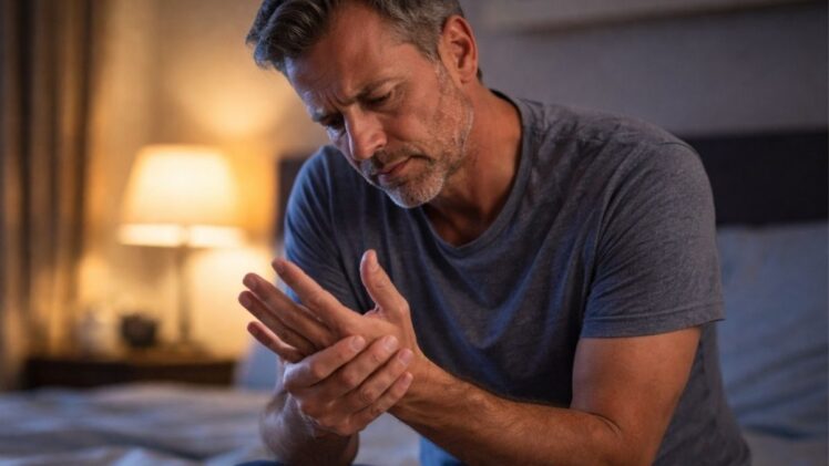 Man rubbing hand sitting on a bed.