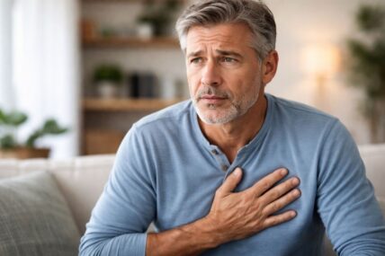 Man holding his chest, worried.