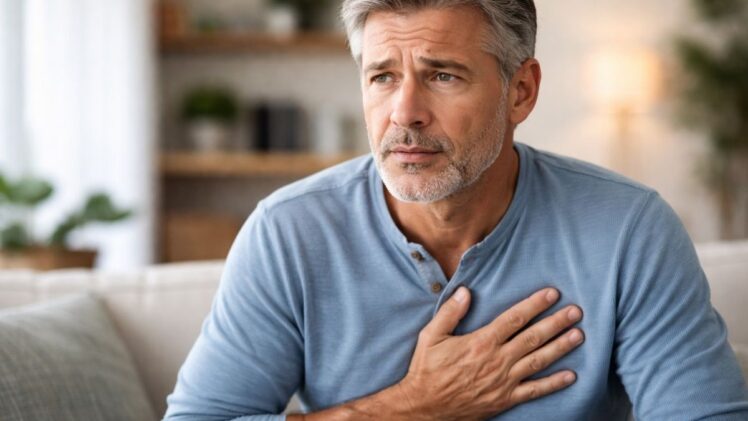Man holding his chest, worried.