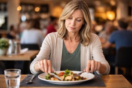 Woman eatng at a restaurant.