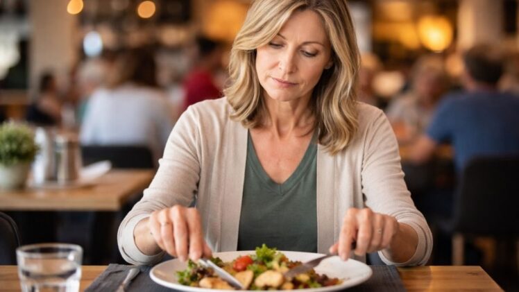 Woman eatng at a restaurant.