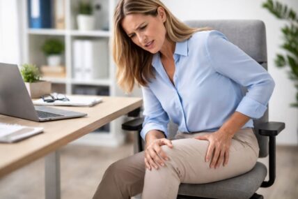 Woman in pain holding her thigh.