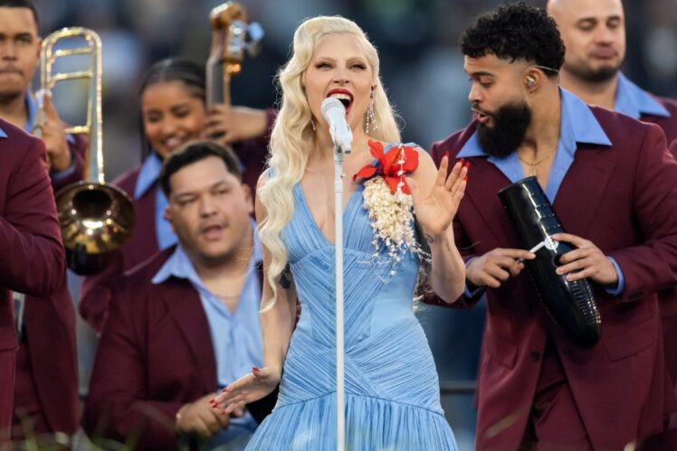 Feb 8, 2026; Santa Clara, CA, USA; Lady Gaga performs the halftime show in Super Bowl LX 