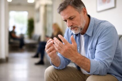 Man looking at his hands in doctor's waiting room.