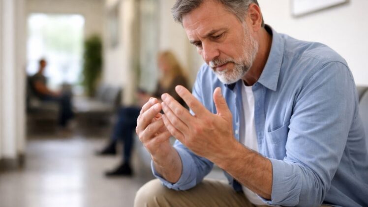 Man looking at his hands in doctor's waiting room.