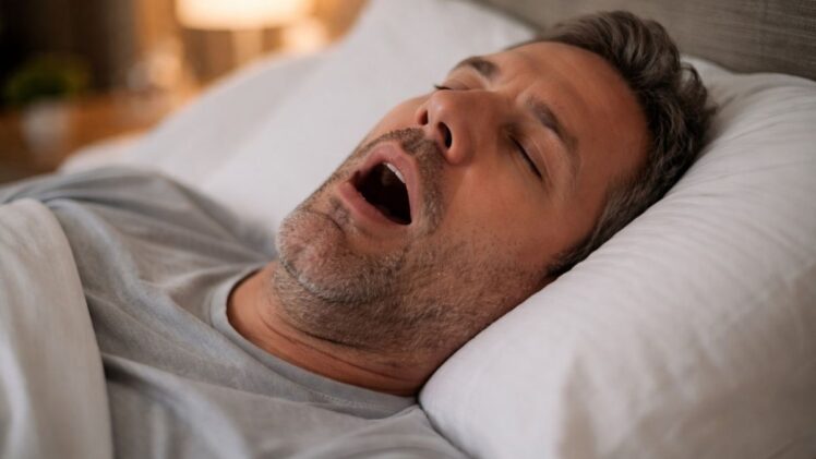 Snoring man sleeping with his mouth open.