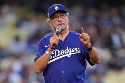 American actor Edward James Olmos addresses a crowd