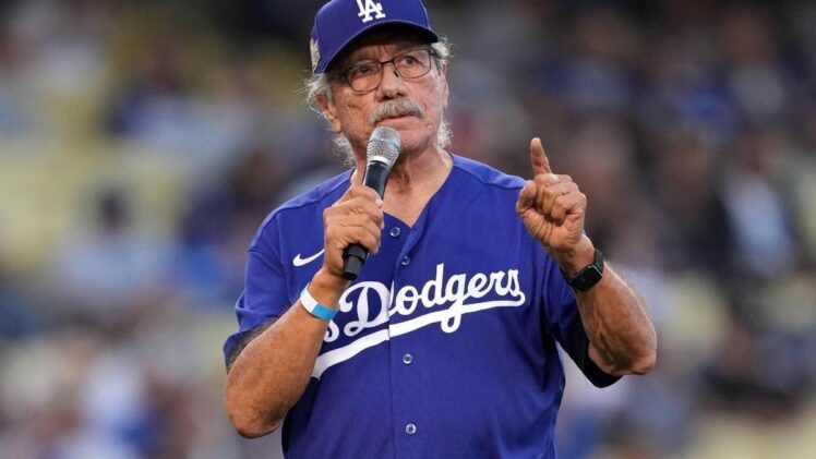 American actor Edward James Olmos addresses a crowd