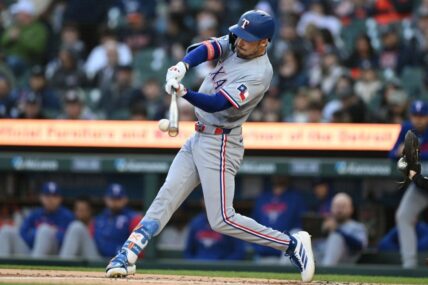 Texas Rangers second baseman Josh Smith (8) grounds out against the Detroit Tigers