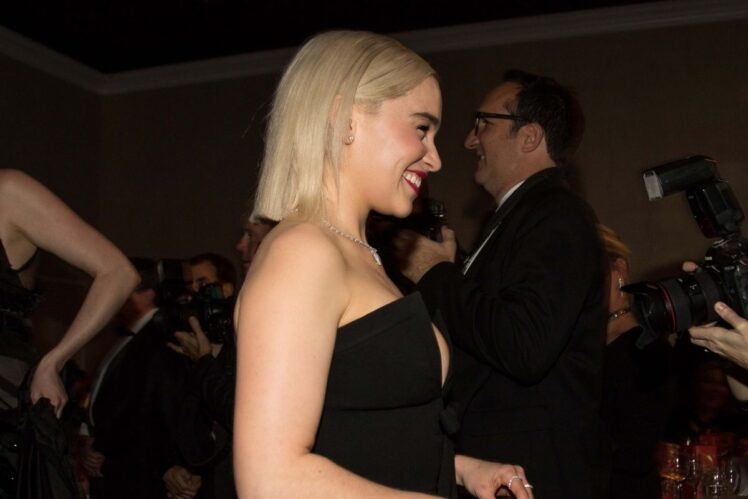 Emilia Clarke arrives in the International Ballroom for the start of the 75th Golden Globe Awards