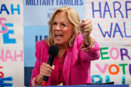 Former First lady Jill Biden encourages supporters during a campaign event.