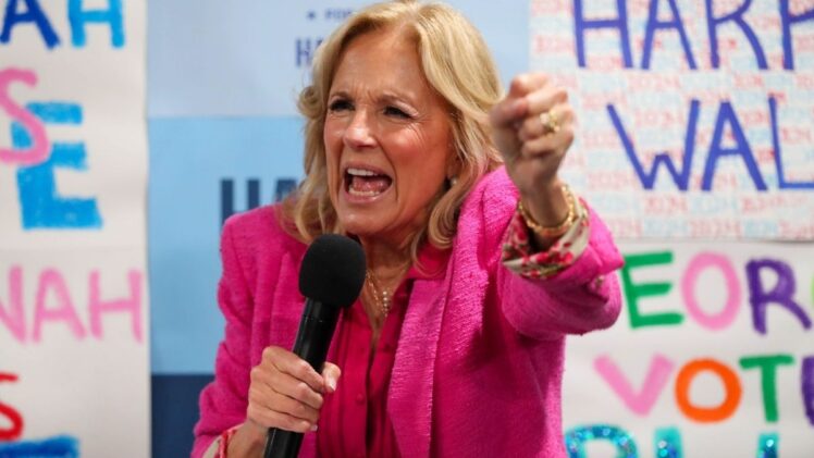 Former First lady Jill Biden encourages supporters during a campaign event.